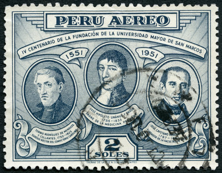 PERU - CIRCA 1951: A stamp printed in Peru shows T. Rodriguez de Mendoza, J. Hipolito Unanue y Pavon and J. Cayetano Heredia y Garcia, 400th anniversary of the founding of San Marcos University, circa 1951のeditorial素材