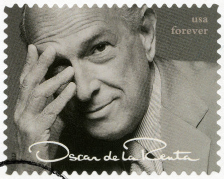 UNITED STATES OF AMERICA - CIRCA 2017: A stamp printed in USA shows Oscar de la Renta (1932-2014), fashion designer, circa 2017のeditorial素材