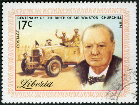 LIBERIA - CIRCA 1974: A stamp printed in Liberia shows Sir Winston Spencer Churchill (1874-1965), statesman, Prime Minister, circa 1974のeditorial素材
