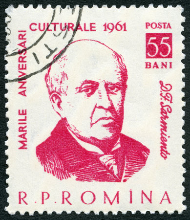 ROMANIA - CIRCA 1961: A stamp printed in Romania shows Domingo Faustino Sarmiento (1811-1888), series Portraits, circa 1961のeditorial素材