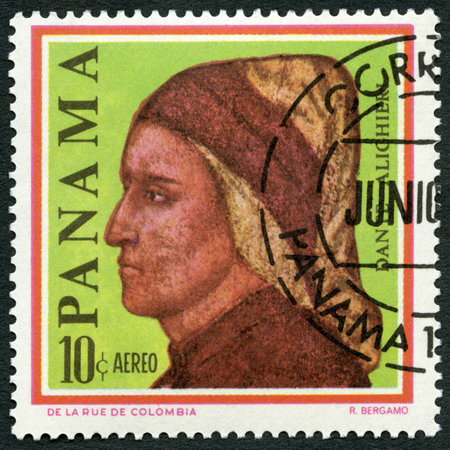 PANAMA - CIRCA 1966: A stamp printed in Panama showsDante Alighieri (1265-1321), Italian Poet, series Famous Men, circa 1966のeditorial素材