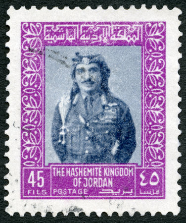 JORDAN - CIRCA 1975: A stamp printed in Hashemite Kingdom of Jordan shows King Hussein bin Talal (1935-1999), circa 1975のeditorial素材