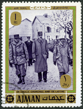 AJMAN - CIRCA 1975: A stamp printed in Ajman shows Churchill, Charles de Gaulle and Jean Gabriel de Lattre, devoted End World War II, circa 1975のeditorial素材