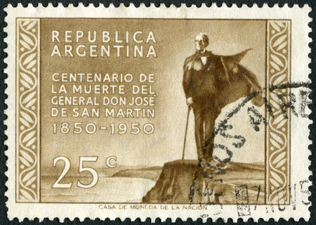 ARGENTINA - CIRCA 1950: A stamp printed in Argentina shows JosÑ Francisco de San Martin y Matorras (1778-1950) at Boulogne sur Mer, circa 1950のeditorial素材