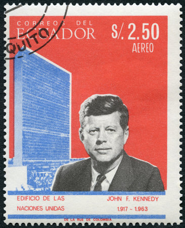 ECUADOR - CIRCA 1966: A stamp printed in Ecuador shows Portrait of John Fitzgerald Kennedy (1917-1963), 35th president of the United States, and United Nations Headquarters in New York City, series Famous Men, circa 1966のeditorial素材