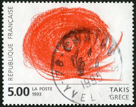 FRANCE - CIRCA 1993: A stamp printed in France shows Abstract by Takis, European Contemporary Art, circa 1993のeditorial素材