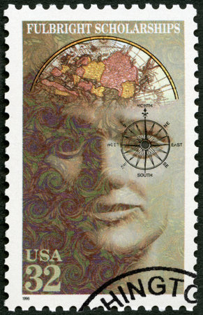 UNITED STATES OF AMERICA - CIRCA 1996: A stamp printed in USA shows Fulbright Scholarships Program, circa 1996のeditorial素材