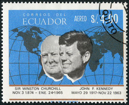 ECUADOR - CIRCA 1966: A stamp printed in Ecuador shows Portrait of John Fitzgerald Kennedy (1917-1963) and Sir Winston Spencer Churchill (1874-1965), series Famous Men, circa 1966のeditorial素材