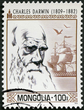 MONGOLIA - CIRCA 2014: A stamp printed in Mongolia hows portrait Charles Darwin (1809-1882), circa 2014のeditorial素材