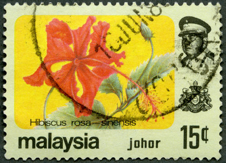 MALAYSIA - CIRCA 1979: A stamp printed by Malaysia shows Hibiscus rose and Sultan Ismail of Johor (1895-1981), series Flowers, circa 1979のeditorial素材