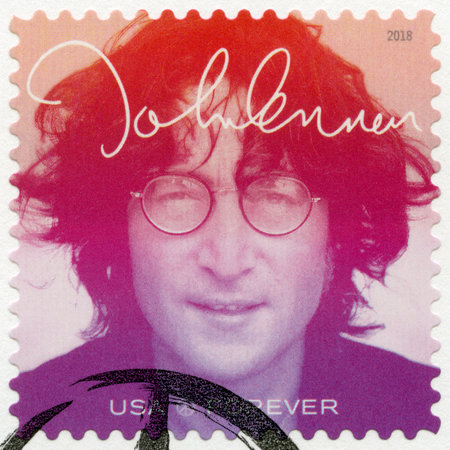 USA - CIRCA 2018: A stamp printed in USA shows John Winston Ono Lennon (1940-1980), series Music Icons, Forever, circa 2018のeditorial素材