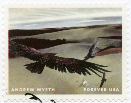 USA - CIRCA 2017: A stamp printed in USA shows Soaring birds, Andrew Newell Wyeth (1917-2009), Ceremony Memento, circa 2017のeditorial素材