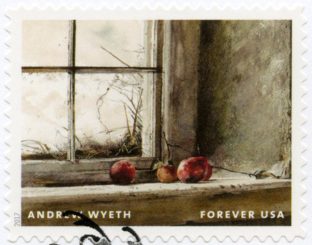 USA - CIRCA 2017: A stamp printed in USA shows Apples on window sill, Andrew Newell Wyeth...