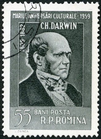 ROMANIA - CIRCA 1959: A stamp printed in Romania shows portrait Charles Darwin (1809-1882), series Portraits, circa 1959のeditorial素材
