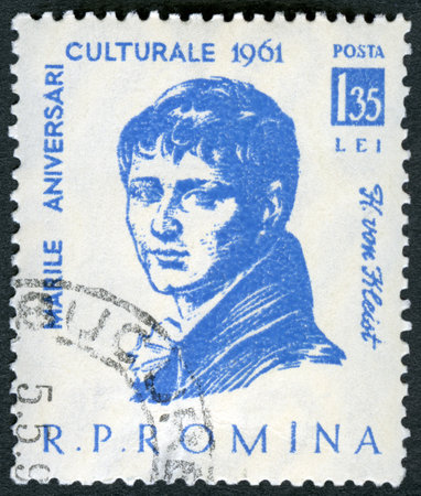 ROMANIA - CIRCA 1961: A stamp printed in Romania shows Bernd Heinrich Wilhelm von Kleist (1777-1811), series Portraits, circa 1961のeditorial素材
