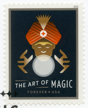 UNITED STATES OF AMERICA - CIRCA 2018: A stamp printed in USA shows fortune teller using a crystal...