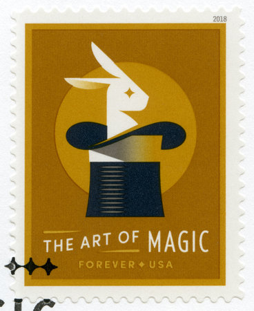 UNITED STATES OF AMERICA - CIRCA 2018: A stamp printed in USA shows Rabbit in a top hat,  production, series The art of magic, forever, circa 2018のeditorial素材