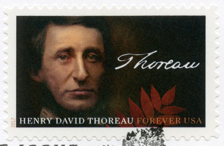 UNITED STATES OF AMERICA - CIRCA 2017: A stamp printed in USA shows Henry David Thoreau (1817-1862), American essayist, poet, circa 2017のeditorial素材