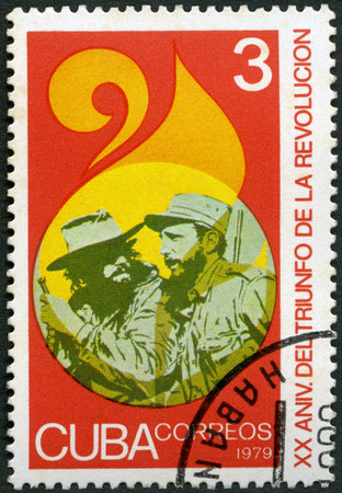 CUBA - CIRCA 1979: A stamp printed in Cuba shows commander Fidel Alejandro Castro Ruz (1926-2016) and soldier, Triumph of the Revolution, 20th anniversary, circa 1979のeditorial素材