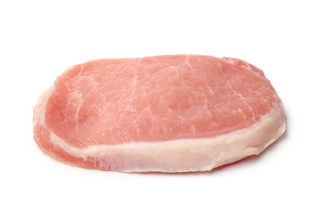 Raw pork loin chop on white backgroundの写真素材