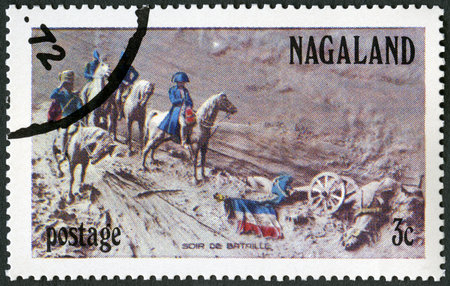 INDIA - CIRCA 1972: A stamp printed in India state Nagaland shows Napoleon I Bonaparte (1769-1821), Soir de Bataille, circa 1972のeditorial素材