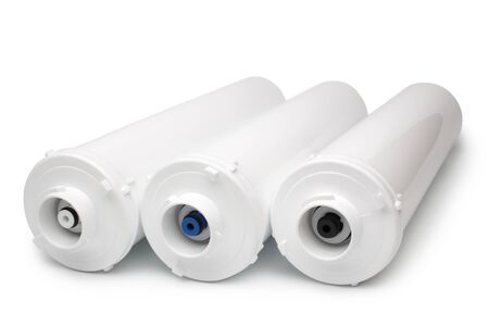 Three-level cleaning water filters on white backgroundの写真素材