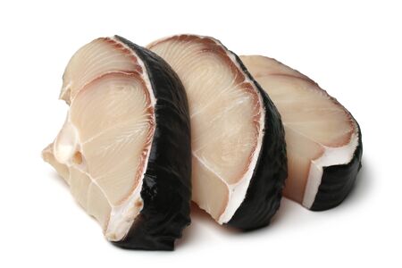 Raw blue shark steaks on white backgroundの写真素材