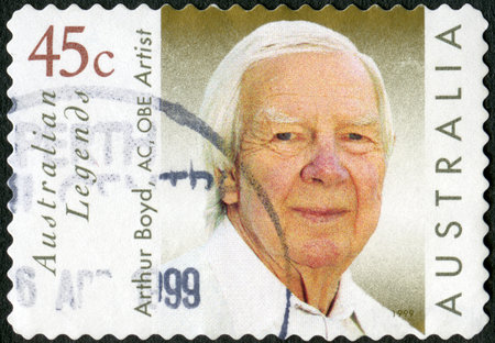 MOSCOW, RUSSIA - FEBRUARY 13, 2020: A stamp printed in Australia shows Arthur Merric Bloomfield Boyd (1920-1999), artist AC OBE, Australian Legends, 1999のeditorial素材