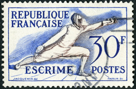 MOSCOW, RUSSIA - SEPTEMBER 01, 2019: A stamp printed in France shows Fencing, 1953