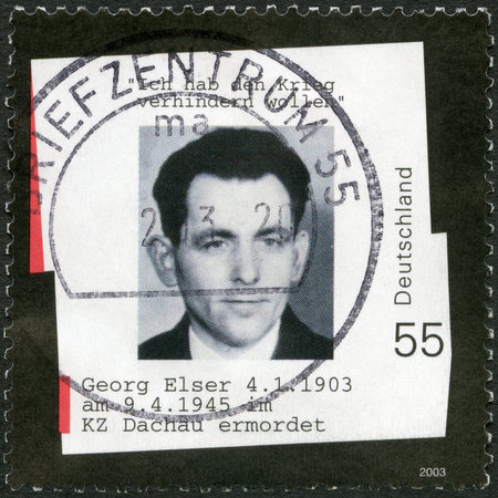 Moscow, Russia - March 14, 2020: A stamp printed in Germany shows Johann Georg Elser (1903-1945), Failed Assassin of Hitler, circa 2003のeditorial素材