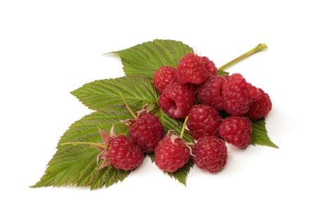 Fresh raspberries with green leaf on white background