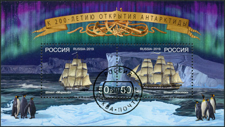 RUSSIA - CIRCA 2019: A stamp printed in Russia shows Sloops Vostok and Mirny, dedicated 200th Anniversary of the Discovery of the Antarctic Continent Antarctica, circa 2019のeditorial素材