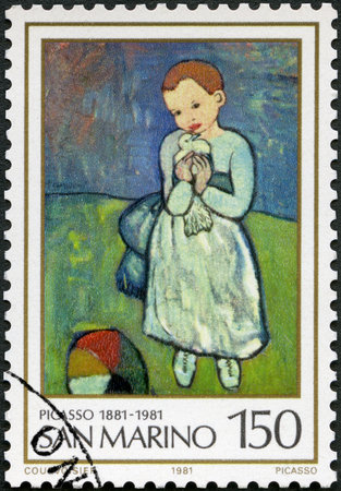SAN MARINO - CIRCA 1981: A stamps printed in San Marino shows Pablo Picasso (1881-1973), artist, birth centenary, Homage to Picasso, by Renato Guttuso, circa 1981のeditorial素材