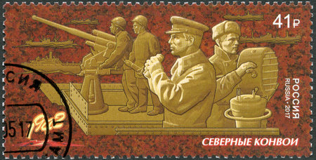 MOSCOW, RUSSIA - MAY 04, 2017: A stamp printed in Russia shows Way to victory, Continuation of the series, Northern convoys, circa 2017のeditorial素材