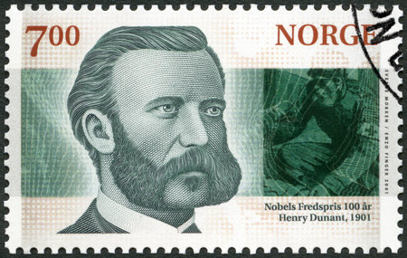 MOSCOW, RUSSIA - SEPTEMBER 21, 2019: A stamp printed in Norway shows Jean Henri Henry Dunant (1828-1910), The Nobel Peace Prize, 1901, circa 2001のeditorial素材