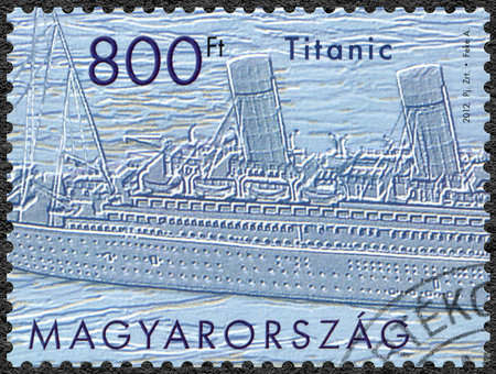 HUNGARY - CIRCA 2012: A stamp printed in Hungary shows Titanic, Titanic Centenary 1912-2012, circa 2012のeditorial素材