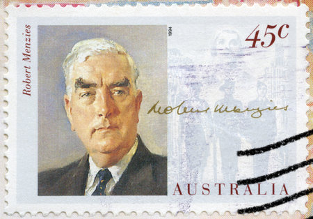 AUSTRALIA - CIRCA 1994: A stamp printed in Australia shows portrait of Sir Robert Gordon Menzies (1894-1978), circa 1994のeditorial素材