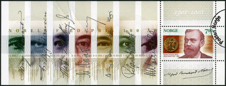 NORWAY - CIRCA 2001: A stamp printed in Norway shows Alfred Bernhard Nobel (1833-1896), circa 2001のeditorial素材