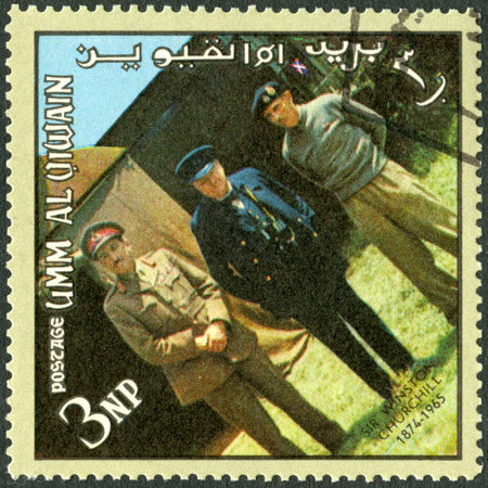 UMM AL-QUWAIN - CIRCA 1965: A stamp printed in Umm al-Quwain shows Sir Winston Leonard Spencer Churchill (1874-1965), Field Marshal Bernard Law Montgomery, Alan Francis Brooke, memoreal state funeral, circa 1965のeditorial素材
