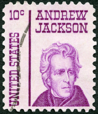 MOSCOW, RUSSIA - AUGUST 18, 2019: A stamp printed in USA shows portrait Andrew Jackson (1767-1845), seventh President of the USA, 1965のeditorial素材