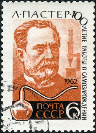 USSR - CIRCA 1962: A stamp printed in USSR shows Louis Pasteur (1822-1895), Invention of the sterilization process, French chemist, circa 1962のeditorial素材