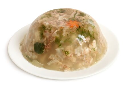 Jelly with meat on plate on white background