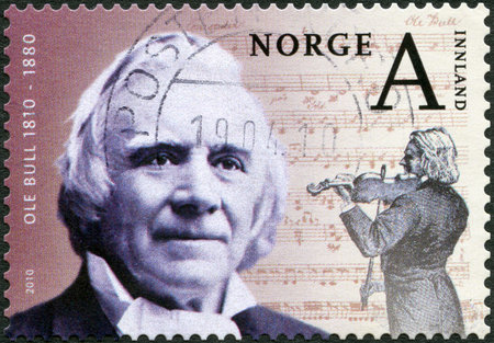 NORWAY - CIRCA 2010: A stamp printed in Norway shows Ole Bornemann Bull (1810-1880), Personal Anniversaries, circa 2010のeditorial素材