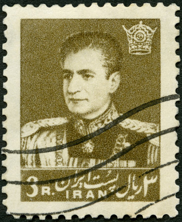 IRAN - CIRCA 1958: A stamp printed in Iran shows Mohammad Reza Shah Pahlavi Riza (1919-1980), circa 1958のeditorial素材