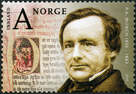 NORWAY - CIRCA 2010: A stamp printed in Norway shows Peter Andreas Munch (1810-1863), Personal Anniversaries, circa 2010のeditorial素材