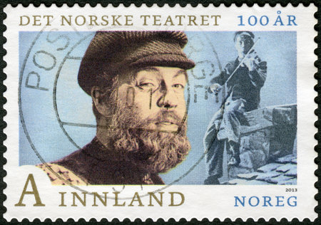 NORWAY - CIRCA 2013: A stamp printed in Norway shows Norwegian Theater, 100 Anniversaries, circa 2013のeditorial素材