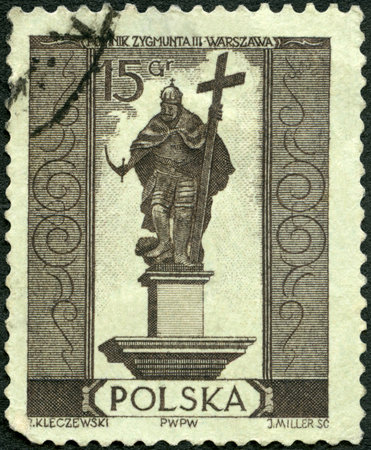 POLAND - CIRCA 1955: A stamp printed in Poland shows Sigismund III Vasa (1566-1632), Warsaw monuments, circa 1955のeditorial素材