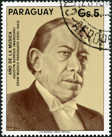 PARAGUAY - CIRCA 1994: A stamp printed in Republic of Paraguay shows Portrait of Agustin Pio Barrios Mangore (1885-1944), Musician, circa 1994のeditorial素材