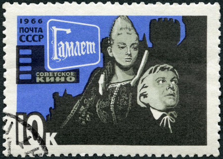 USSR - CIRCA 1966: A stamp printed in USSR shows Hamlet and Queen from film, Film Scene, circa 1966のeditorial素材