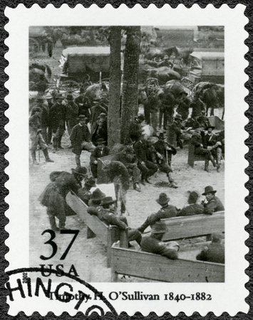 UNITED STATES OF AMERICA - CIRCA 2002: A stamp printed in USA shows Photo by Timothy H. O'Sullivan (1840-1882), General Ulysses S. Grant and Officers, series Masters of American Photography, circa 2002のeditorial素材